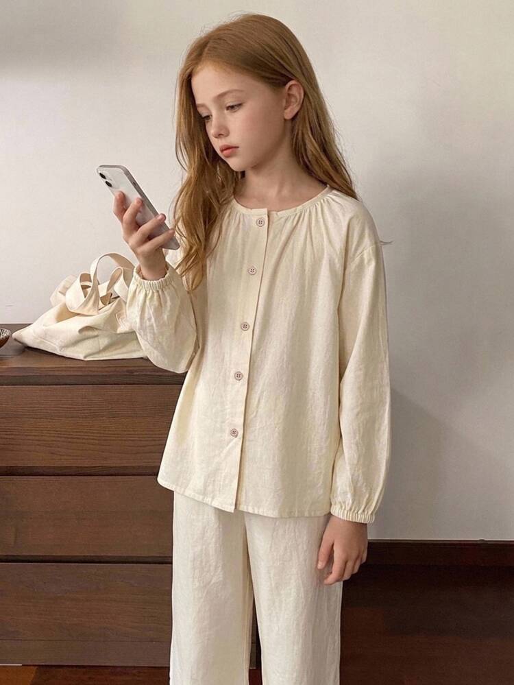 DAZY Tween Girl Fall Clothes Girls (Large) Round Neck Knitted Printed Short Sleeve T-Shirt + Plaid Pajama Pants Loungewear Set - Apricot - View 4