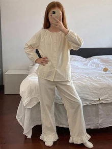 DAZY 青少年女孩秋季服飾 女孩 (大號) 圓領針織印花短袖T恤 + 格紋睡褲家居服套裝 - 杏色 - 查看 8