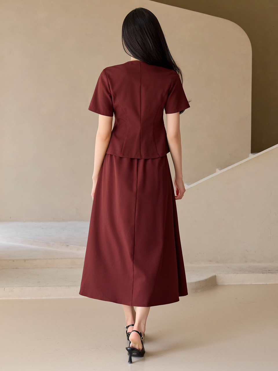 Solid Button Front Blouse & Skirt
