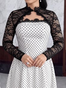 Feyla 時尚女款黑色蕾絲短版開襟外套 長袖高領披肩晚裝 - 黑與白 - 查看 4