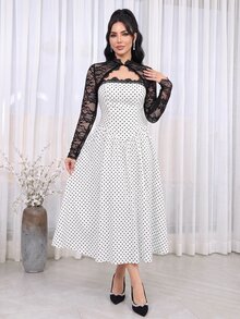 Feyla 時尚女款黑色蕾絲短版開襟外套 長袖高領披肩晚裝 - 黑與白 - 查看 3