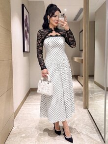 Feyla 時尚女款黑色蕾絲短版開襟外套 長袖高領披肩晚裝 - 黑與白 - 查看 8