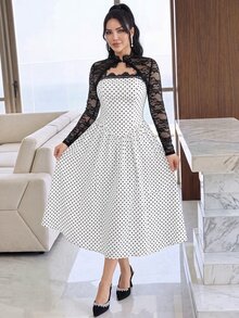 Feyla 時尚女款黑色蕾絲短版開襟外套 長袖高領披肩晚裝 - 黑與白 - 查看 5
