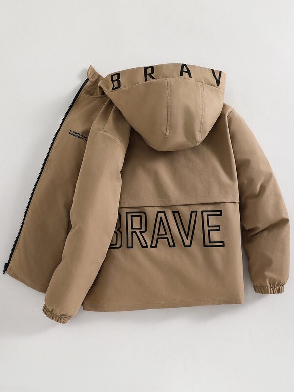 Kids Tween Boy Casual Versatile Letter Print Pattern Fleece Lined Thick Hooded Loose Jacket, Suitable For Fall/Winter, School, Family Gatherings, Back To School, Sports, FallOutfit, WinterOutfit, Birthday Party