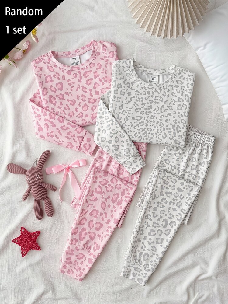 SHEIN Kids Tween Girls Cute Leopard Tween Girl Print Knit Pullover Loungewear Pajama Set, Buy 1 Get 1 , Comfortable Casual Daily Fitted Tween Girl, Snug Fit - Baby Pink - View 2