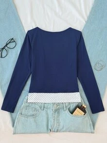 SHEIN تي شيرت بياقة قارب بنسيج مضلع مع دانتيل ورقعة منقوشة بنقاط للبنات المراهقات، توب يومي بسيط - الأزرق - مشاهدة 9