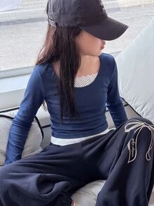 SHEIN تي شيرت بياقة قارب بنسيج مضلع مع دانتيل ورقعة منقوشة بنقاط للبنات المراهقات، توب يومي بسيط - الأزرق - مشاهدة 8