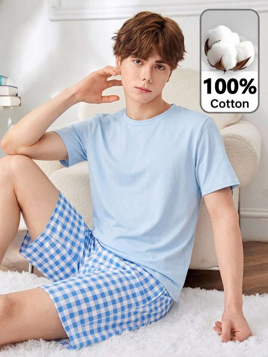 SHEIN 青少年男童纯色圆领短袖上衣和格子印花紧身短裤睡衣套装 - 淺藍色 - 查看 1