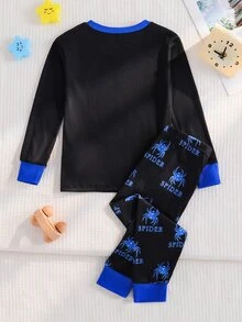 SHEIN 小男孩發光蜘蛛圖案休閒簡約修身舒適加厚長袖圓領長褲居家服，適合秋冬 - 彩色 - 查看 2