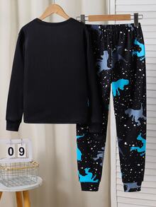 SHEIN 2 件套儿童/青少年男童休闲舒适印花圆领套头睡衣上衣和裤子针织家居服套装 - 黑色 - 查看 2