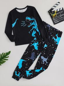 SHEIN 2 件套儿童/青少年男童休闲舒适印花圆领套头睡衣上衣和裤子针织家居服套装 - 黑色 - 查看 4