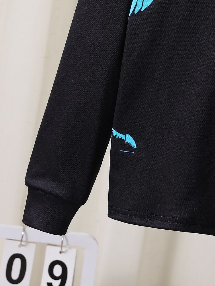 SHEIN 2 件套儿童/青少年男童休闲舒适印花圆领套头睡衣上衣和裤子针织家居服套装 - 黑色 - 查看 7