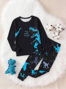 SHEIN 2 件套儿童/青少年男童休闲舒适印花圆领套头睡衣上衣和裤子针织家居服套装 - 黑色 - 查看 9