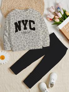 女童休閒極簡風 NYC 印花豹紋時尚龐克圓領長袖衛衣與內搭褲兩件套，舒適秋冬款，返校穿搭，街頭風 - 彩色 - 查看 4
