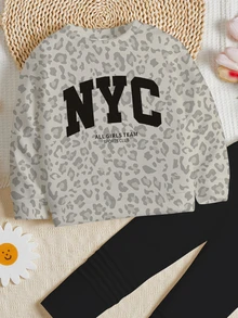女童休閒極簡風 NYC 印花豹紋時尚龐克圓領長袖衛衣與內搭褲兩件套，舒適秋冬款，返校穿搭，街頭風 - 彩色 - 查看 6