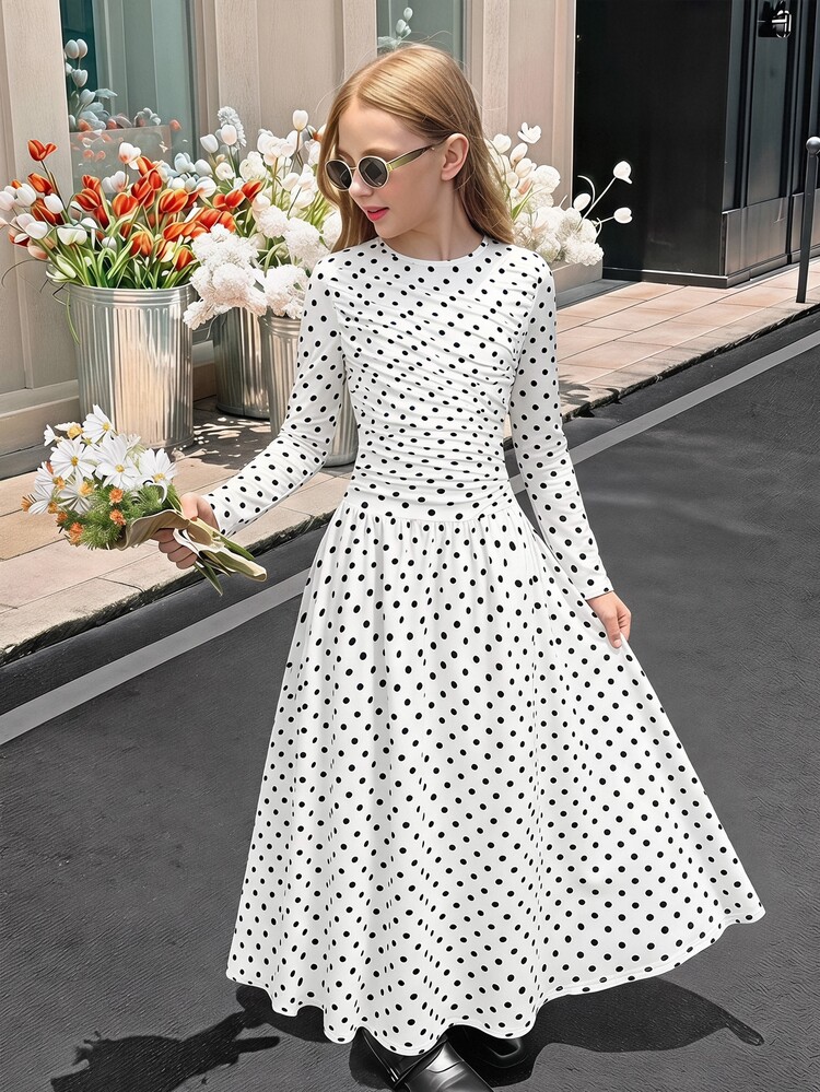 SHEIN Tween Girls Kids Autumn/Winter Casual Elegant Knitted White Polka Dot Print Ruched Long Sleeve Cinched Waist Maxi Dress, Autumn/Winter Layering Dress, Suitable For Back To School, Daily Wear, Low-Key Party Wear - White - View 3