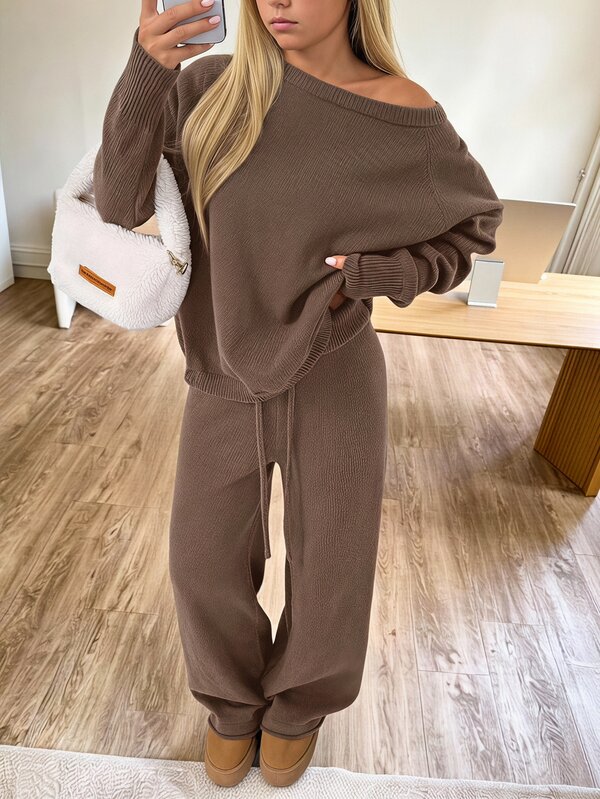 SHEIN Tween Girl Autumn/Winter Casual Retro Preppy Khaki Loose Knit Long Sleeve Pullover & Long Pants 2-Piece Set, Suitable For Fashionable Streetwear And Back-To-School Outfits