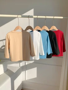 SHEIN 5件組/套 男童女童休閒學院風純色拼接圓領長袖T恤多件裝 - 彩色 - 查看 2