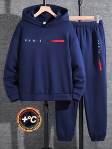 SHEIN 2件組青少年男孩海軍藍保暖內裡連帽衛衣圖案印花慢跑褲套裝，返校秋季款 - 寶藍色 - 查看 7