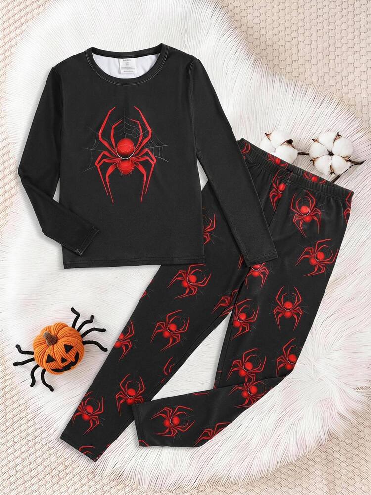 SHEIN 2pcs Tween Boy's Snug Fit Fluorescent Spider Print Crew Neck Long Sleeve Shirt And Long Pants Soft Sleepwear Set - Black - View 5