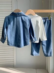 SHEIN 男嬰 3件組秋冬休閒可愛牛仔襯衫套裝，含白色T恤內層與外套，多件套裝，牛仔布牛仔褲 - 藍色 - 查看 2