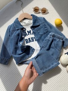 SHEIN 男嬰 3件組秋冬休閒可愛牛仔襯衫套裝，含白色T恤內層與外套，多件套裝，牛仔布牛仔褲 - 藍色 - 查看 7