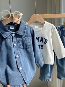 SHEIN 男嬰 3件組秋冬休閒可愛牛仔襯衫套裝，含白色T恤內層與外套，多件套裝，牛仔布牛仔褲 - 藍色 - 查看 3