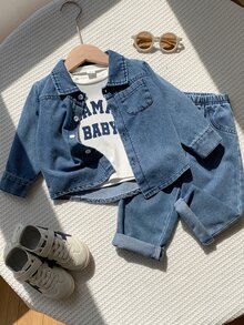 SHEIN 男嬰 3件組秋冬休閒可愛牛仔襯衫套裝，含白色T恤內層與外套，多件套裝，牛仔布牛仔褲 - 藍色 - 查看 1