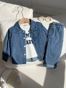 SHEIN 男嬰 3件組秋冬休閒可愛牛仔襯衫套裝，含白色T恤內層與外套，多件套裝，牛仔布牛仔褲 - 藍色 - 查看 4