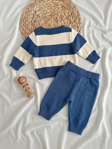 SHEIN Kids Kids Newborn Colorblock Striped Bear Embroidery Sweater & Knitted Autumn Pants Set Baby - Blue - View 3