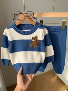 SHEIN Kids Kids Newborn Colorblock Striped Bear Embroidery Sweater & Knitted Autumn Pants Set Baby - Blue - View 2