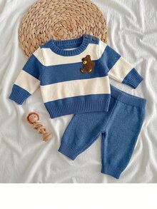 SHEIN Kids Kids Newborn Colorblock Striped Bear Embroidery Sweater & Knitted Autumn Pants Set Baby - Blue - View 5