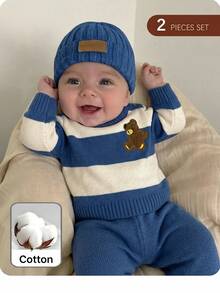 SHEIN Kids Kids Newborn Colorblock Striped Bear Embroidery Sweater & Knitted Autumn Pants Set Baby - Blue - View 4