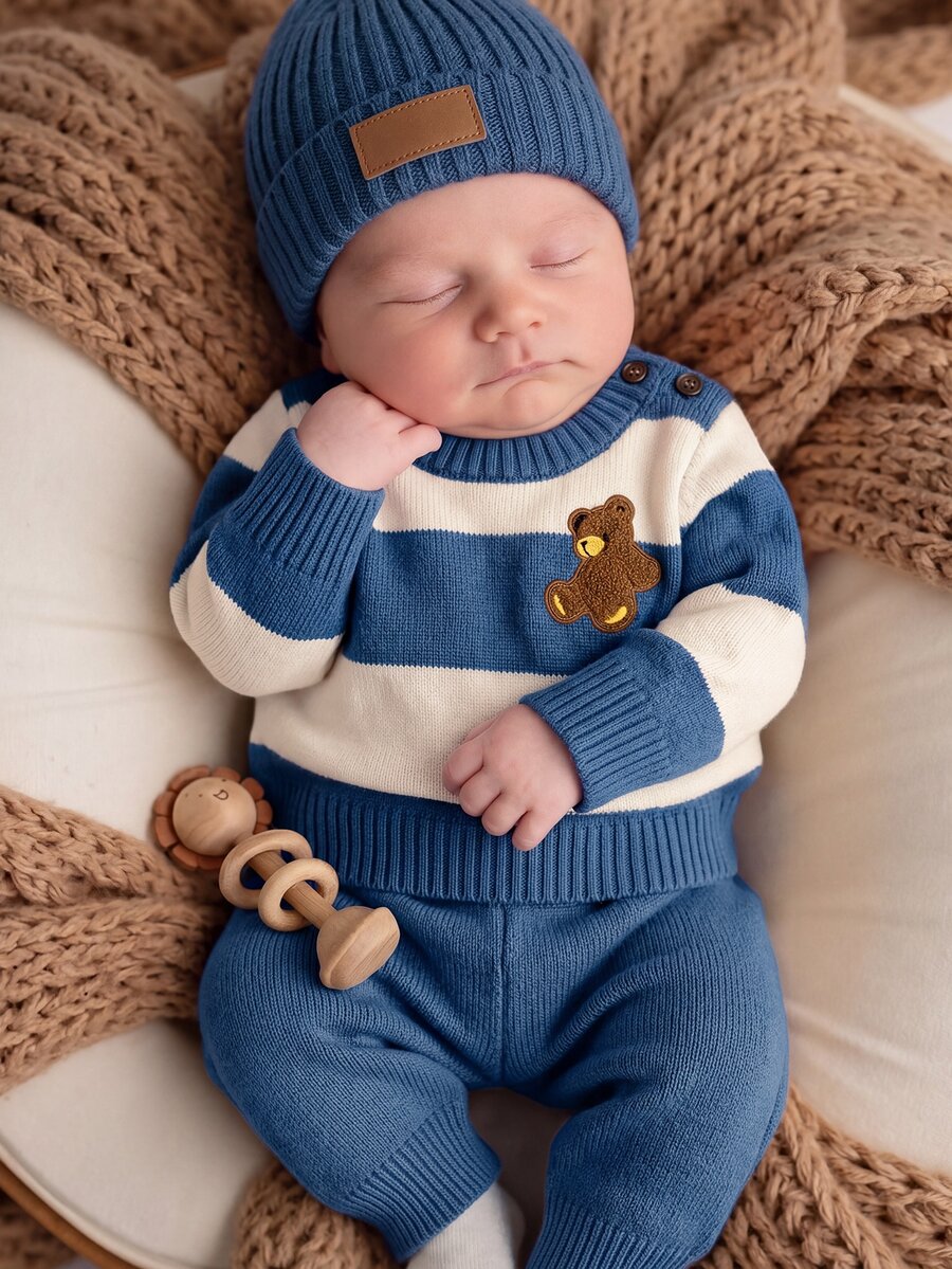 SHEIN Kids Kids Newborn Colorblock Striped Bear Embroidery Sweater & Knitted Autumn Pants Set Baby - Blue - View 1