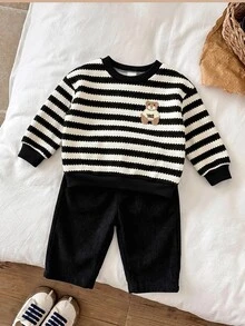 Baby Boy Cute Autumn/Winter Striped Cartoon Pattern Sweatshirt & Elastic Waist Long Pants Set - Black - View 4