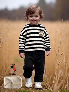 Baby Boy Cute Autumn/Winter Striped Cartoon Pattern Sweatshirt & Elastic Waist Long Pants Set - Black - View 3