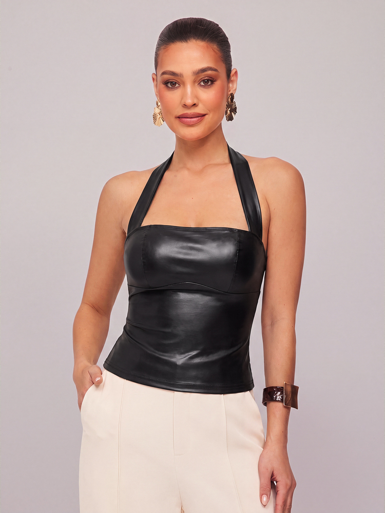 Silquee Women's Solid Color PU Leather Slim Fit Fashion Camisole Top, Black PU Commuter Top, Autumn Top, Outing Top Elegant Women's Blouses Tops For Going - Black - View 6