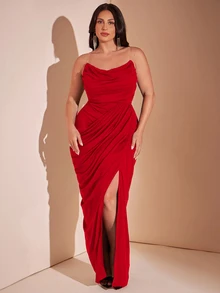 SHEIN BAE CURVE 大尺碼女款黑色長款優雅開衩洋裝 - 紅色 - 查看 1