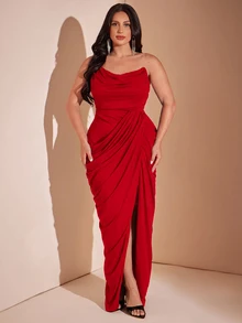 SHEIN BAE CURVE 大尺碼女款黑色長款優雅開衩洋裝 - 紅色 - 查看 5