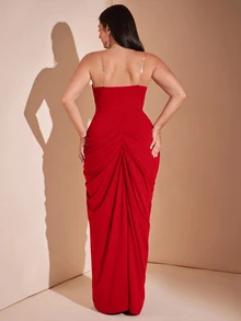 SHEIN BAE CURVE 大尺碼女款黑色長款優雅開衩洋裝 - 紅色 - 查看 7