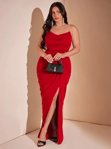 SHEIN BAE CURVE 大尺碼女款黑色長款優雅開衩洋裝 - 紅色 - 查看 4