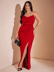 SHEIN BAE CURVE 大尺碼女款黑色長款優雅開衩洋裝 - 紅色 - 查看 6
