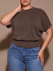 SHEIN BAE CURVE 大尺碼女款純色休閒百搭日常穿著T恤 - 棕色 - 查看 3
