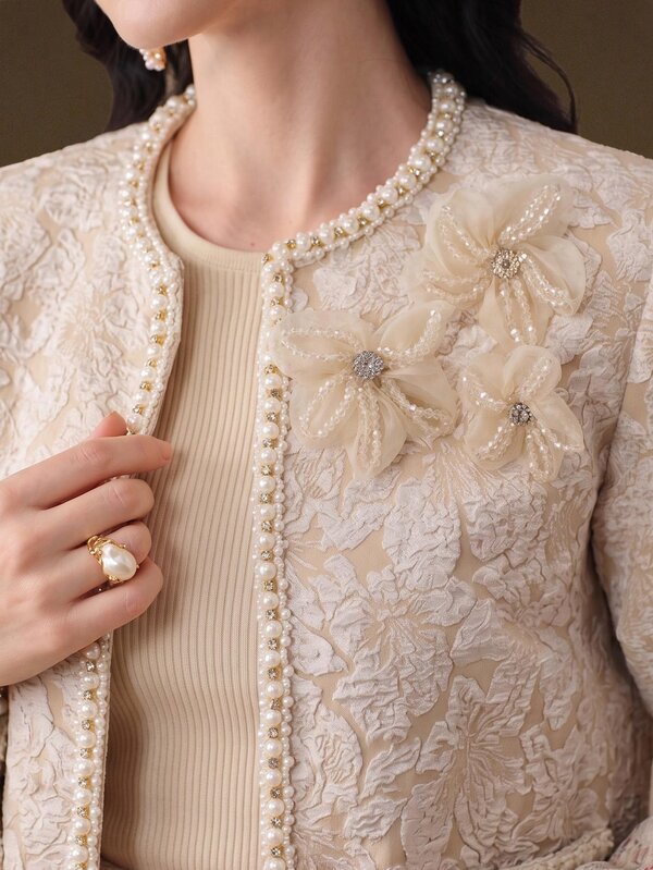 Anewsta Women's New Autumn/Winter Elegant Apricot Heavy Lace 3D Beaded Floral Short Jacket, Suitable For Wedding, Banquet, Vacation And Daily Wear