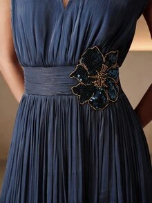 AnewstaV Sleeveless Waist-Cinching 3D Floral Applique Long Dress For Women - Navy Blue - View 6