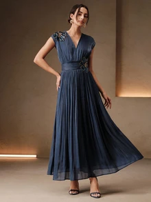 AnewstaV Sleeveless Waist-Cinching 3D Floral Applique Long Dress For Women - Navy Blue - View 4