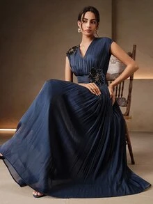 AnewstaV Sleeveless Waist-Cinching 3D Floral Applique Long Dress For Women - Navy Blue - View 7