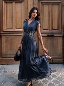 AnewstaV Sleeveless Waist-Cinching 3D Floral Applique Long Dress For Women - Navy Blue - View 8