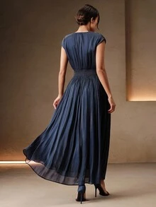 AnewstaV Sleeveless Waist-Cinching 3D Floral Applique Long Dress For Women - Navy Blue - View 3