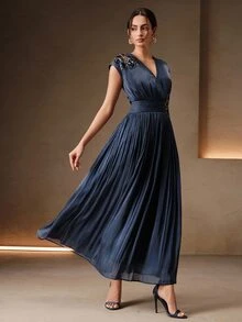 AnewstaV Sleeveless Waist-Cinching 3D Floral Applique Long Dress For Women - Navy Blue - View 9